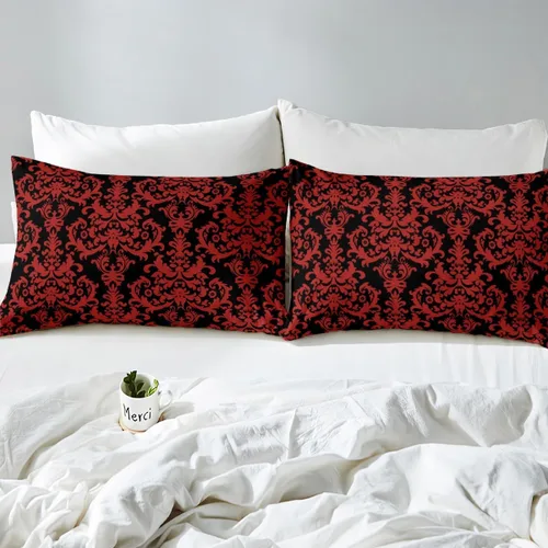 Vista 5 de Erosebridal Juego de sábanas de damasco con diseño floral, tamaño individual, gótico, rojo y negro, juego de sábanas de flores barrocas victorianas
