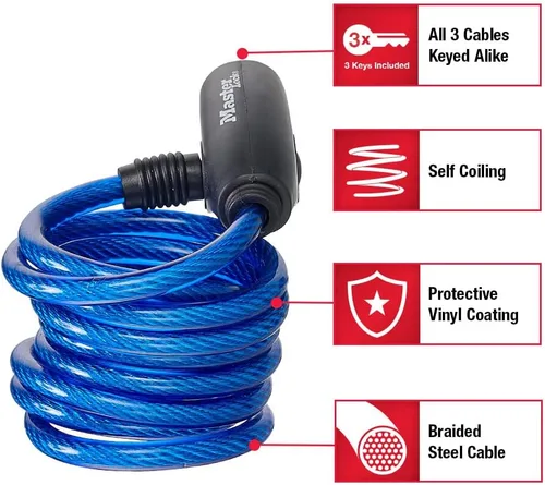 Vista 2 de Master Lock Cables para candado de bicicleta con llave, azul, verde y rojo, paquete de 3 cerraduras de cable de bicicleta con llave, 6 pies