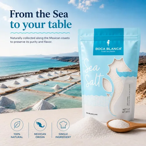 Vista 2 de BOCA BLANCA Sal marina fina, sal kosher sin refinar de grano fino, 1 libra