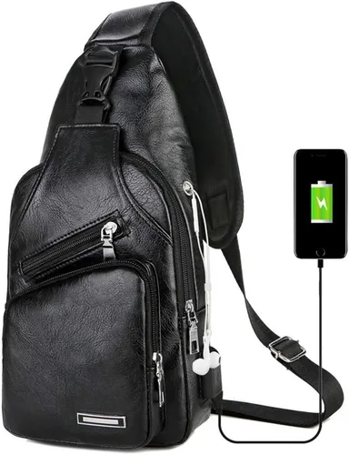 Vista 2 de ULemeili - Mochila bandolera de cuero con puerto de carga USB, para hombres y mujeres, bolsa cruzada de hombro para ciclismo, senderismo, ciclismo