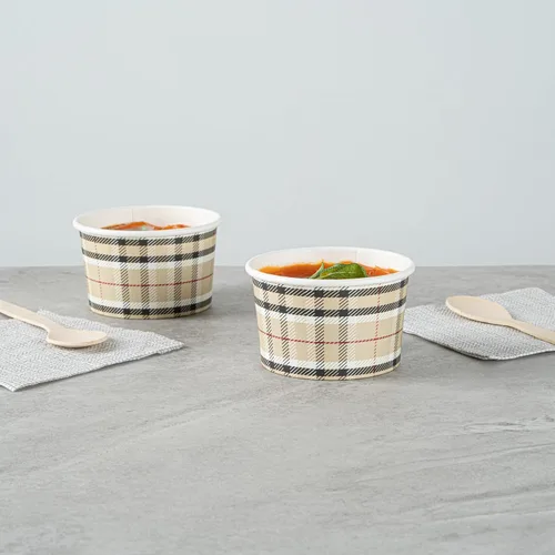 Vista 4 de Restaurantware Coppetta - Vasos de postre de 3 onzas, 50 tazas desechables para helado, tapas se venden por separado, cuencos de papel a cuadros