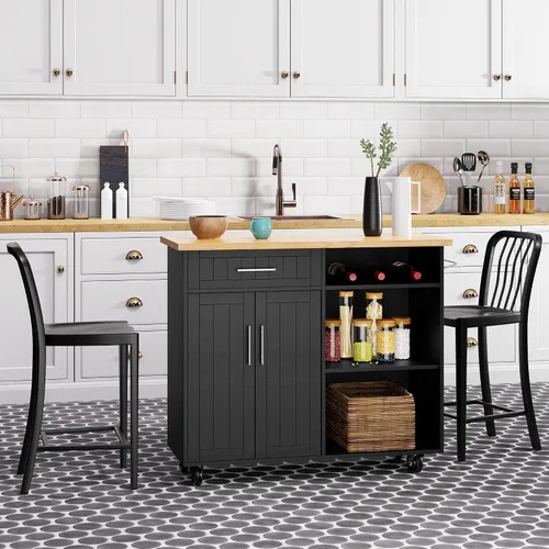 Vista 16 de Shintenchi - Carrito de isla de cocina con almacenamiento, mesa rodante Negro-22 pulgadas