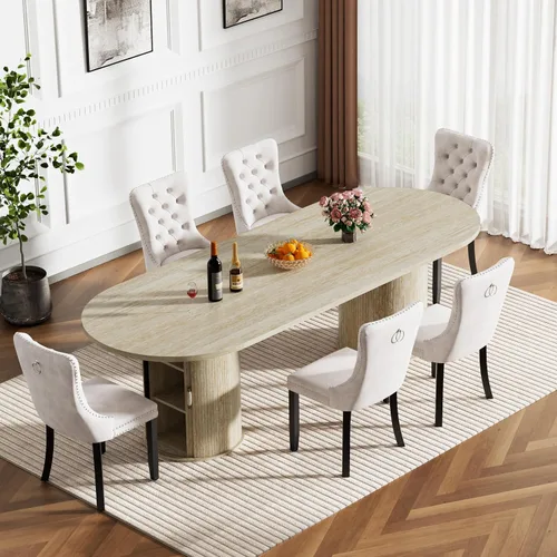 Vista 28 de Mesa de comedor redonda extensible con base de almacenamiento, mesa de comedor expandible natural de 63 a 94 pulgadas para 10 personas, mesa