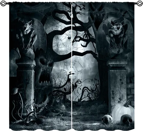 Vista 13 de Cortinas de Halloween con diseño de bosque gótico rojo, cruz gótica, Halloween, festividades, festival, tratamiento de ventana para sala de estar