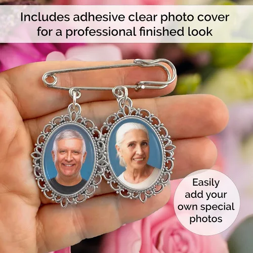 Vista 2 de Encanto doble de la foto del ramo de la boda de la foto para las flores de la novia o Boutonniere Pin con el cambiador