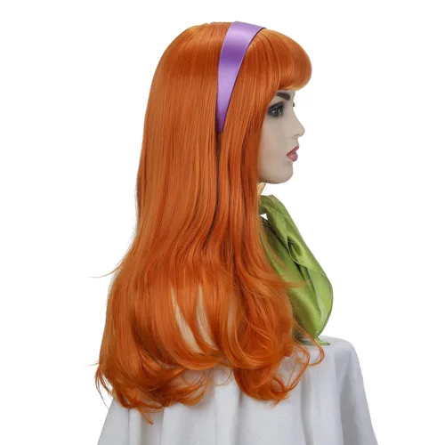 Vista 5 de Peluca naranja con flequillo, peluca larga ondulada para mujer, disfraz de cosplay, Halloween, con diadema morada y bufanda verde