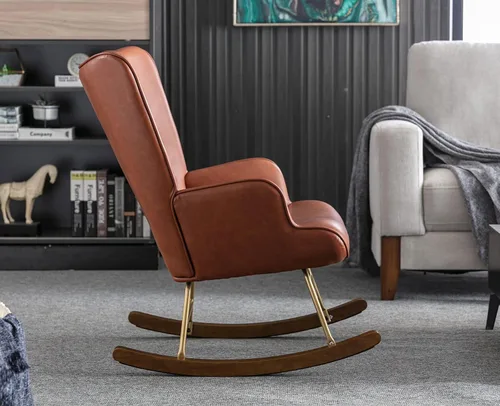Vista 7 de Sillón mecedor de piel sintética, silla moderna de lectura para sala de estar, dormitorio, oficina, espacios pequeños, color marrón