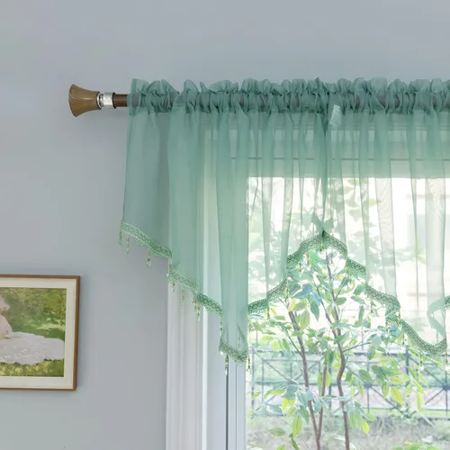 Vista 10 de PearAge Cortinas Cenefa Transparente con Cuentas para Sala de Estar, Cenefa de Ventana de Granja con Bolsillo para Barra, Cenefa de Cortina de Gasa