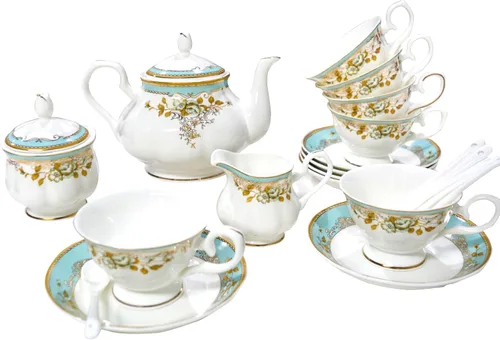 Vista 11 de Juego de té de porcelana de hueso, juego de té de porcelana de 21 piezas para adultos, tazas de té y platillos para 6, con tetera, cucharas, Azul