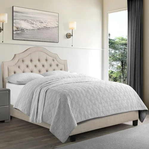 Vista 7 de Rosevera Jardin - Marco de cama con plataforma capitoné con botones, tapizado de tela con cabecera ajustable y soporte de listones de madera
