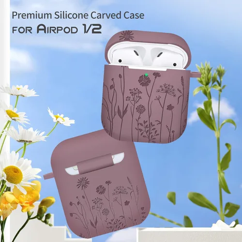 Vista 2 de Funda protectora de silicona suave compatible con Apple AirPods de 2ª y 1ª generación con llavero (violeta ahumado)