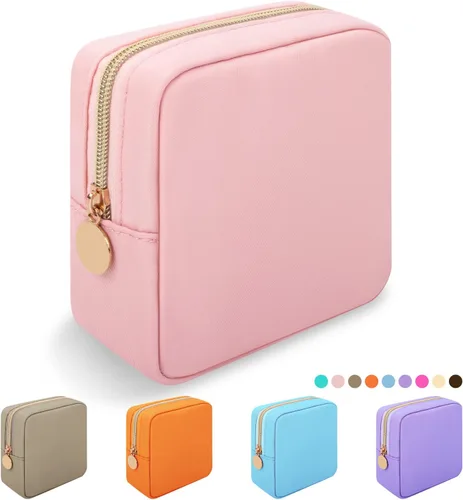 Vista 7 de Iqimott Bolsa Grande de Maquillaje de Nylon, Neceser de Viaje, Bolsa Grande de Cosméticos Preppy, Organizador de Maquillaje de Nylon, Bolsa de Beige