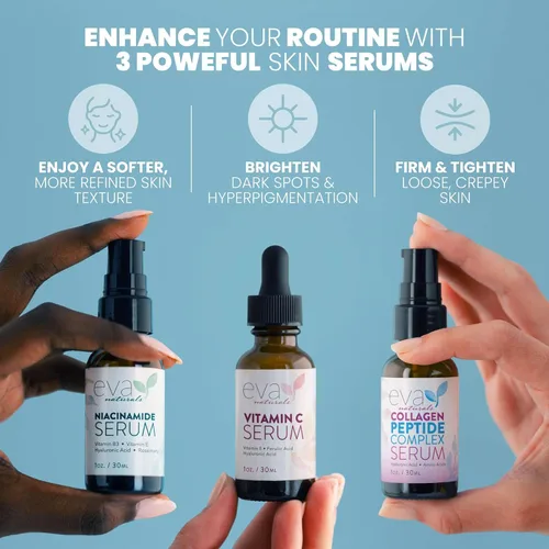 Vista 2 de Eva Naturals Paquete de suero Firm & Glow - Sueros de vitamina C, péptidos y niacinamida - Juego de suero facial antienvejecimiento para arrugas