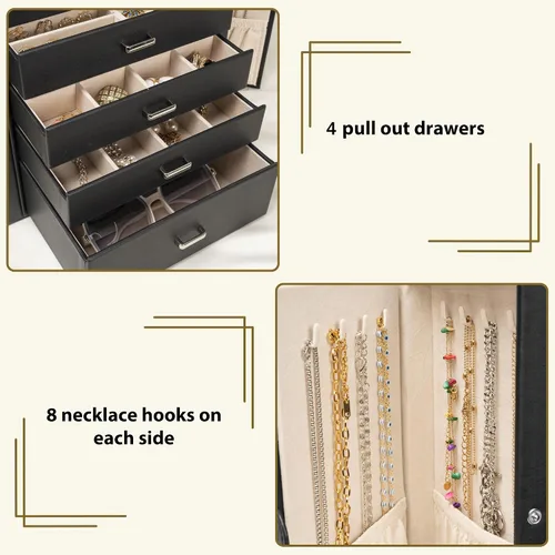 Vista 4 de AKOZLIN Joyero de 5 niveles con cerradura de cuero con 4 cajones para mujeres y niñas, anillo collar, aretes, pulsera, relojes, organizador