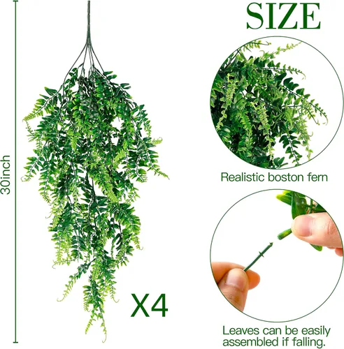 Vista 5 de Sggvecsy Paquete de 4 plantas colgantes artificiales, plantas colgantes falsas, helechos Boston falsos, vides de hiedra falsas, plantas de plástico