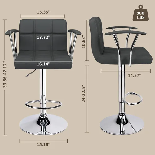 Vista 3 de ERGOSEAT Juego de 2 taburetes de bar, taburetes giratorios ajustables con reposabrazos y respaldo, taburetes de bar de altura de mostrador de cuero
