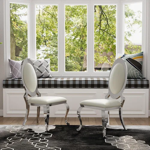 Vista 8 de ACEDÉCOR Sillas de comedor blancas y doradas, modernas sillas de piel sintética blanca, magnífica silla ovalada con respaldo de acero inoxidable