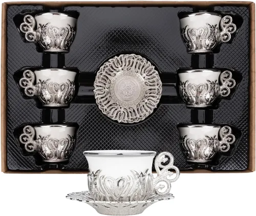 Vista 10 de Alisveristime Juego de tazas de café turco, porcelana blanca y metal de zinc con motivos turcos, 6 tazas y platillos (dorado)