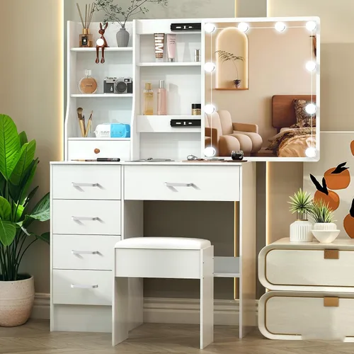 Vista 22 de Escritorio blanco cálido con espejo iluminado LED, mesa de tocador de maquillaje con armario izquierdo iluminado, 6 cajones y taburete, tocador