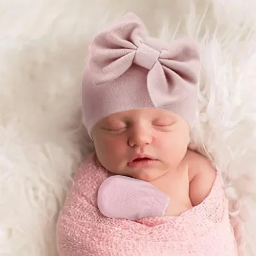 Vista 3 de BQUBO - Conjunto de guantes de algodón para bebés recién nacidos, gorro de hospital, gorro con lazo, guantes de algodón para bebés de 0 a 6 meses