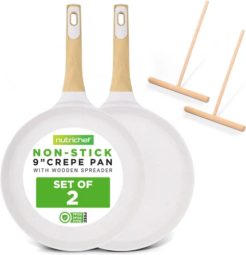 Vista 13 de NutriChef - Sartén para crepes de 24 cm (9.45 pulgadas) antiadherente con esparcidora de madera, sartén Dosa de mármol recubierto duradero, mango