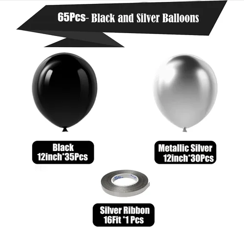 Vista 2 de Globos negros y plateados, 65 globos de látex metálicos cromados plateados y negros de 12 pulgadas para decoración de cumpleaños, graduación