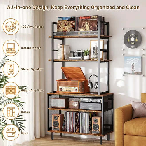 Vista 6 de ikkle Soporte grande para tocadiscos con estante de almacenamiento de vinilo, mesa de tocadiscos de 5 niveles de alto con estante de exhibición