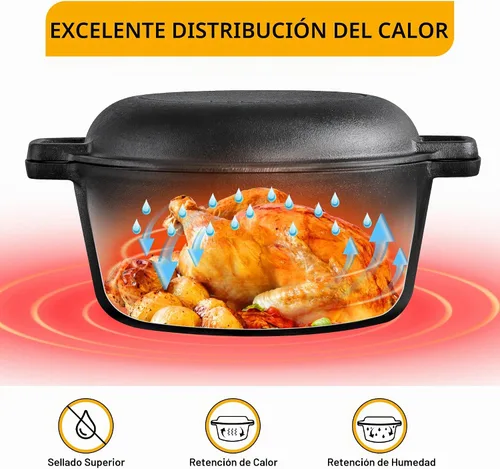 Vista 4 de Velaze Olla Holandesa de Hierro Fundido con Tapa de Sartén, Sartén de Hierro Fundido de Doble Mango 2 en 1 Presazonada para Hornear Pan, Freír