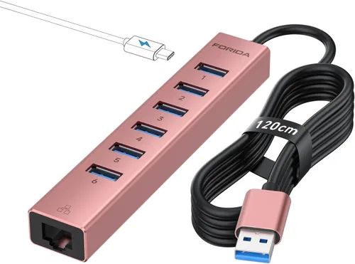 Vista 9 de Hub USB 3.0 de 7 puertos, USB a concentrador de red con cable de 3.9 pies de largo para laptop, divisor USB con puerto Gigabit Ethernet y puerto