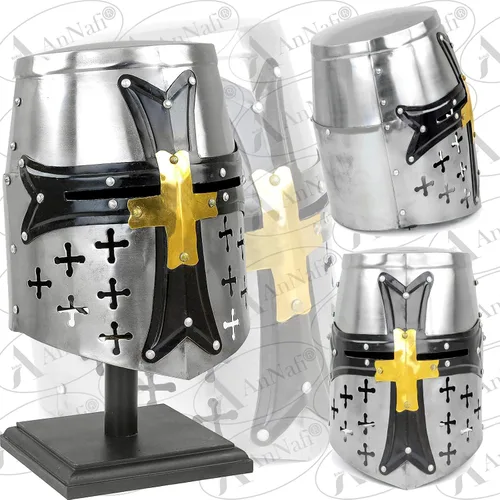 Vista 5 de AnNafi Casco medieval de armadura de caballero de los templarios cruzados con cruz Accesorios de armadura espartana griega romana Yelmo de oro