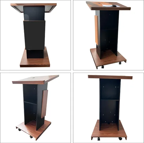 Vista 5 de Podio de Madera Personalizable, Atril de Madera, Tablero de Partículas de 15MM, Diseño Elegante con Almacenamiento, Ruedas con Candado, Espacio