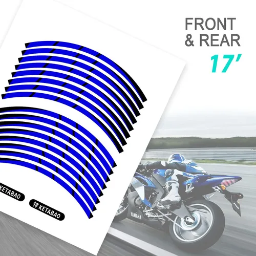 Vista 4 de KETABAO Calcomanías adhesivas de llanta de 17 pulgadas a rayas S01 compatibles con YZF R6 R1 MT 03 125 09 07 10 Tracer 700 FZ25 (azul)