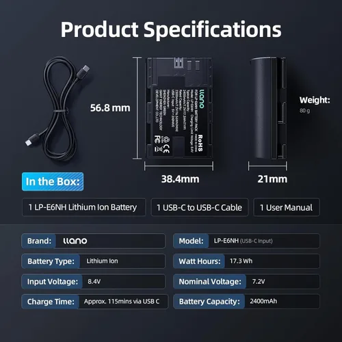 Vista 9 de llano Batería LP-E6NH de 2400 mAh con carga rápida USB-C para Canon EOS R5/R6/R7 Mark Il, 5D/6D/7D Mark Il/llI/IV, 60D/70D/80D/90D, totalmente