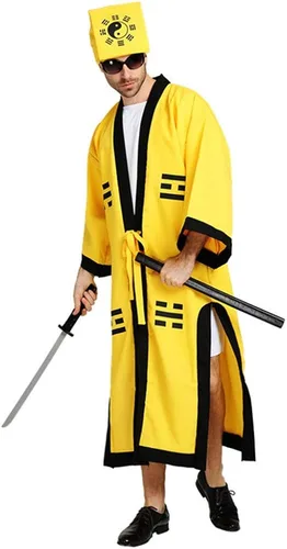 Vista 4 de Chino Antiguo Taoísta Traje Exorcista Monje Viene Abajo La Montaña Cosplay Amarillo Taoísta Uniforme Tai Chi Bagua Túnica
