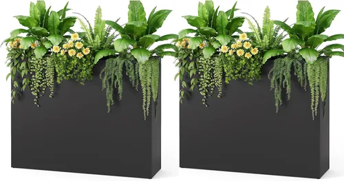 Vista 11 de Stoog - Macetero alto rectangular de metal de 38" - Macetero para todo clima para uso en interiores/exteriores, con estante extraíble y diseño Negro