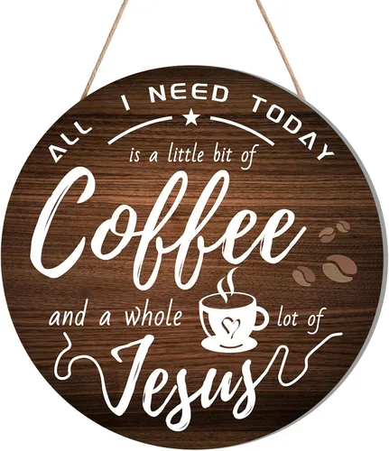 Vista 8 de HMASYO Letrero de madera rústica para barra de café, "A Little Coffee & Jesus", para el hogar, oficina, cafetería, 12 x 12 pulgadas