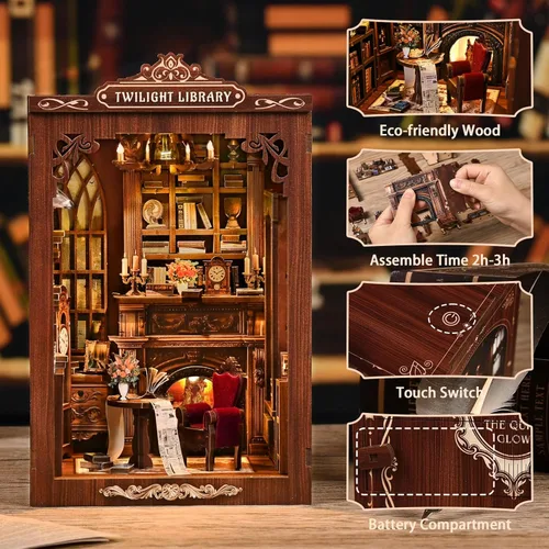 Vista 6 de Kit de rincón de lectura, casa de muñecas en miniatura DIY para adultos y adolescentes, casa diminuta de madera 3D para familia y amigos, decoración