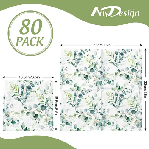 Vista 2 de AnyDesign 80 servilletas de papel de eucalipto vegetal, acuarela, hojas verdes de primavera, servilletas de almuerzo, servilletas decorativas