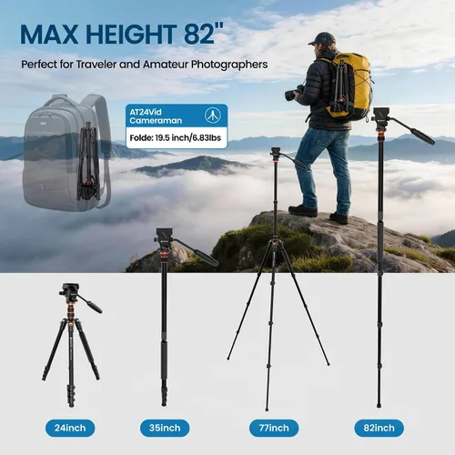 Vista 2 de GEEKOTO Trípode de video con cabezal fluido, trípode profesional para cámara réflex digital, monopie de aluminio de 77 pulgadas para videocámara