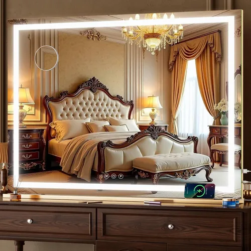 Vista 22 de Hasipu Espejo de tocador con luces, espejo LED de maquillaje de 31.5 x 22 pulgadas, espejo de maquillaje iluminado con 3 modos regulables, espejo