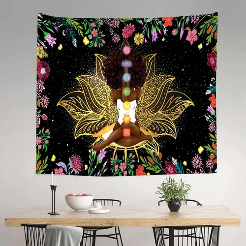 Vista 14 de Ine Ive Tapiz de chakra africano, mujer afroamericana, tapices de meditación zen, 40 x 30 pulgadas, cielo estrellado, flores, jardín, inspirador