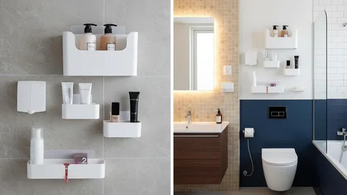 Vista 8 de Estantes adhesivos para montar en la pared, juego de 4 cubos de almacenamiento duraderos de plástico ABS para colgar, color blanco, excelente
