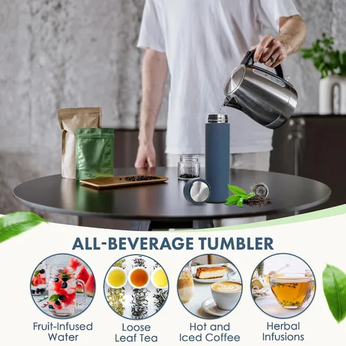 Vista 5 de AVARO Termo para todas las bebidas, taza de té de acero inoxidable de 16.9 onzas con infusor de té corto, botella de agua aislada de doble pared