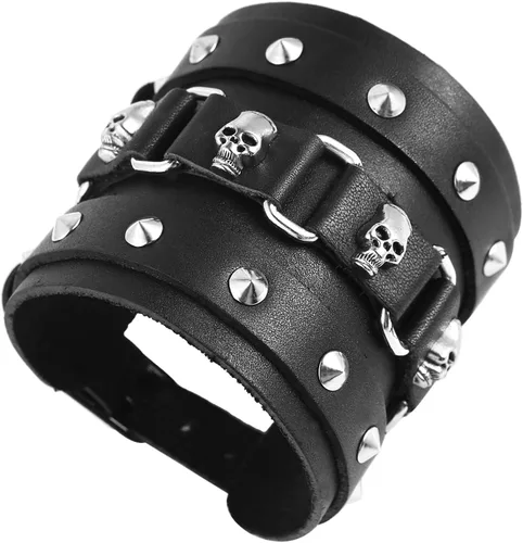 Vista 5 de STWTR Pulsera ancha de cuero con cinturón ancho para hombre, estilo punk, rock, moto