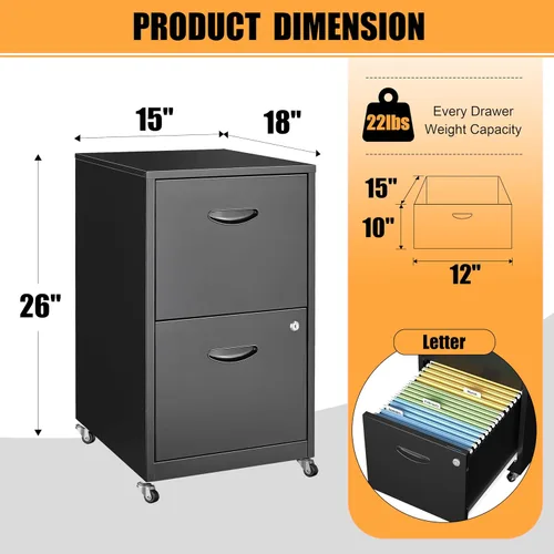 Vista 3 de Archivador móvil de 2 cajones con cerradura, archivadores de metal con ruedas, gabinete de almacenamiento enrollable negro, archivador vertical