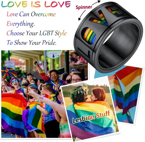 Vista 26 de FaithHeart Anillos para ansiedad LGBT Pride Rainbow, acero inoxidable/chapado en oro de 18 quilates, joyería de amor es amor para hombres y mujeres