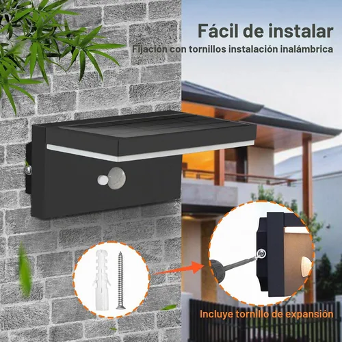 Vista 5 de Lustrlach Luces solares de pared con sensor de movimiento para exteriores, impermeables, LED, aplique de pared solar, negro, del anochecer al