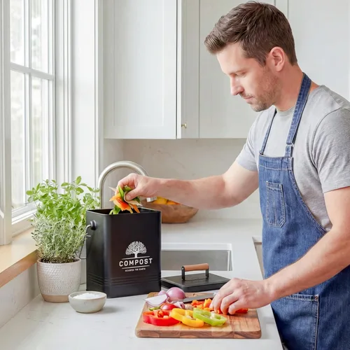 Vista 6 de PERFNIQUE Contenedor de compost de cocina, contenedor de compostaje para encimera de 1.7 galones con tapa, contenedor de compost interior incluye 2