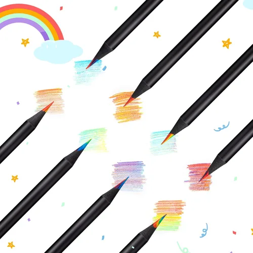 Vista 6 de Teling 100 lápices de arcoíris para niños, 7 en 1, lápices multicolor de madera negra arcoíris a granel, suministros de arte para la escuela, aula