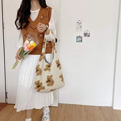 Vista 6 de Bolsa de piel sintética para mujer y niña, tipo bandolera, linda, grande, con diseño de oso de felpa para compras o citas